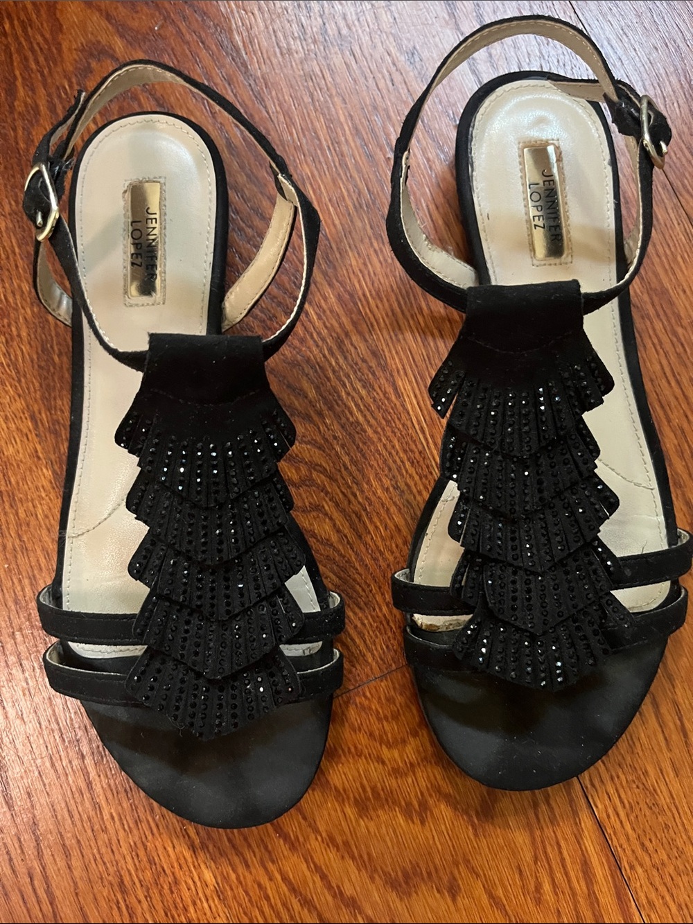 Jennifer Lopez Black Layered Fringe Stud Sandals